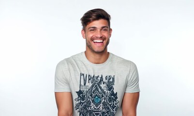 Wall Mural - Portrait of a happy young man smiling at camera on white background