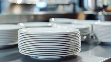 White plates are on the table, close-up