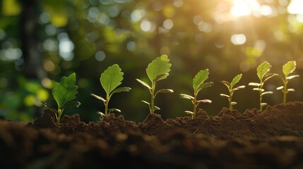 Wall Mural - Row of Green Saplings Emerging From Soil in Golden Sunlight