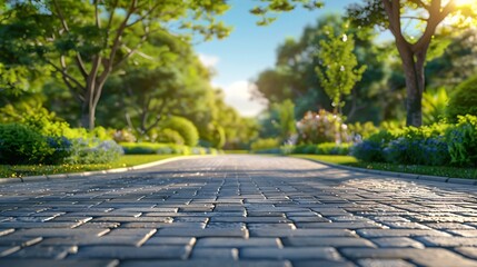 Wall Mural - Empty street at the nice and comfortable garden background with nice blue sky : Generative AI