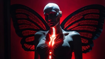 radiant red light intense glow masterpiece captures an enigmatic humanoid figure, its white, melting sculpted head butterfly-like wings