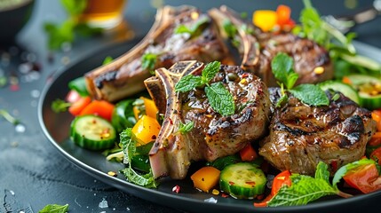 Wall Mural - lamb chops with mint and summer salad a ketogenic diet meal : Generative AI