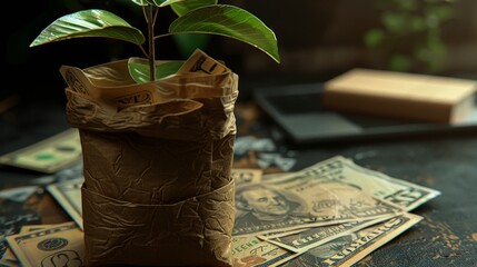 Wall Mural - A Small Plant Growing Out of a Burlap Sack on a Bed of US Dollar