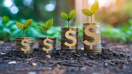 Stacks of coins with growing plants, symbolizing financial growt