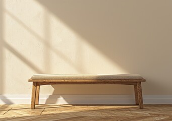 Natural wood bench with beige fabric cushion on beige concrete wall and parquet floor in natural sunlight