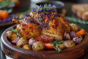 A roasted chicken infused with lavender and served with roasted vegetables on a wooden platter