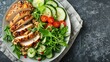 © Generative AI - Brunch or lunch Plate with oatmeal chicken meatloaf cucumber and green herbs Health food Top view overhead : Generative AI