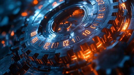 Rust programming language concept with rusty gears emerging from the dark