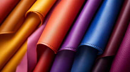 A vibrant display of colored leather pieces forming a rainbow pattern. The leathers range from bright reds and oranges to deep blues and purples, each piece with a smooth, sleek finish.