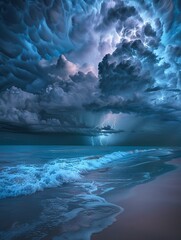 Poster - An epic sky with ultra-realistic lightning captured in a photograph from a beach