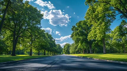 Empty square or road through green forest trees under blue sky and clouds : Generative AI