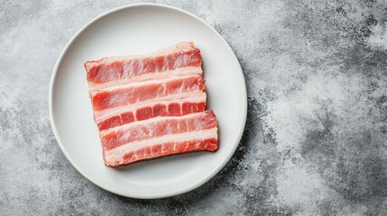 Wall Mural - Sliced pork belly for hot pot on a white plate, with a grey background and ample room for text, perfect for advertising.