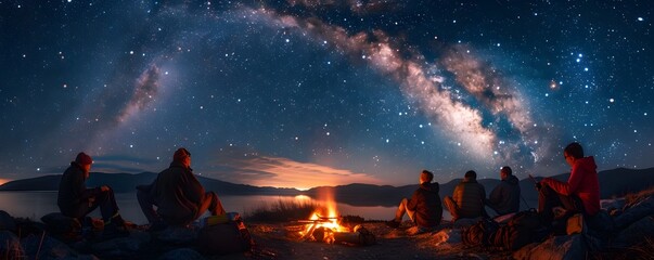 Wall Mural - Hikers Gathered Around Glowing Campfire Under Starry Night Sky Enjoying Nature Adventure