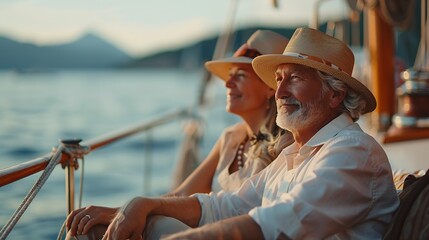 Sticker - Romantic vacation and luxury travel Senior loving couple sitting on the yacht deck Sailing the river : Generative AI