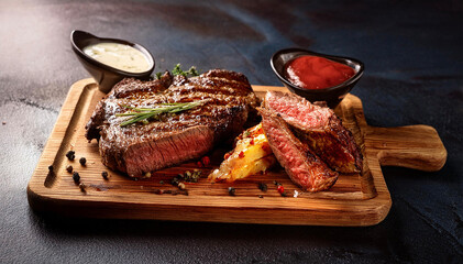 Wall Mural - Delicious beef tenderloin served on a wooden board