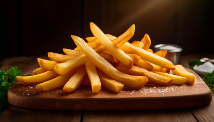 Wall Mural - French fries served on a wooden board