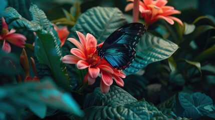 Sticker - Blue butterfly on pink flower