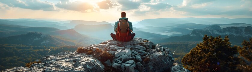 Wall Mural - Hiker with Backpack Resting on Rock with Panoramic View of Valley Below   Hiking Concept and Copy Space