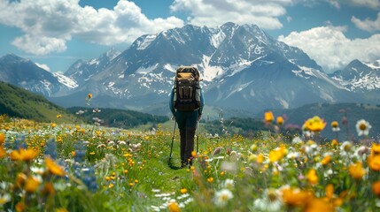 Sticker - Hiker crossing a meadow with wildflowers towards distant mountain peaks in a scenic landscape