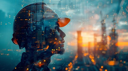 Aufkleber - Engineering worker future industry double exposure city concept construction building city development planning innovation contractor technician architect city background blue banner : Generative AI