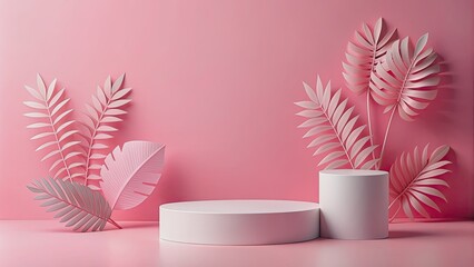 Wall Mural - Minimal geometric podium mockup with product display and paper leaves on pink background, geometric, abstract, minimal, scene