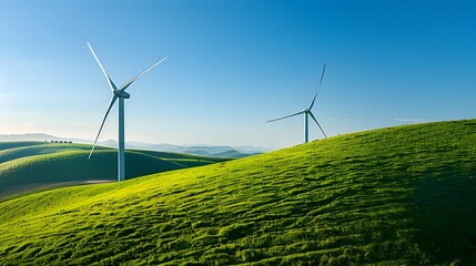 Canvas Print - Sleek Modern Wind Turbine Farm on Grassy Hillside Under Clear Blue Sky Sustainable Energy Concept