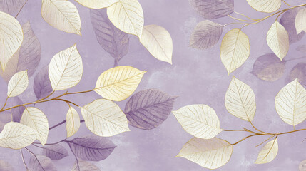 An elegant nature leaves pattern with intricate gold and white leaves on a soft lavender background, creating a refined and luxurious appearance.