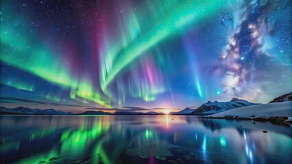 a stunning photograph capturing the mesmerizing display of the aurora borealis dancing amidst a sea 