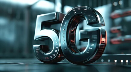 Wall Mural - Close-up of futuristic metallic 5G text with a sleek, high-tech design and digital details, set against a dark, blurred background.