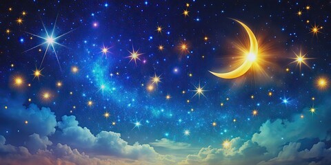 Wall Mural - vibrant starry night sky filled with twinkling stars and a bright crescent moon, starry night, sky, 