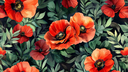 An artistic seamless watercolor floral pattern featuring a mix of poppies and foliage in bold, vibrant reds and greens, creating a striking and dynamic design.