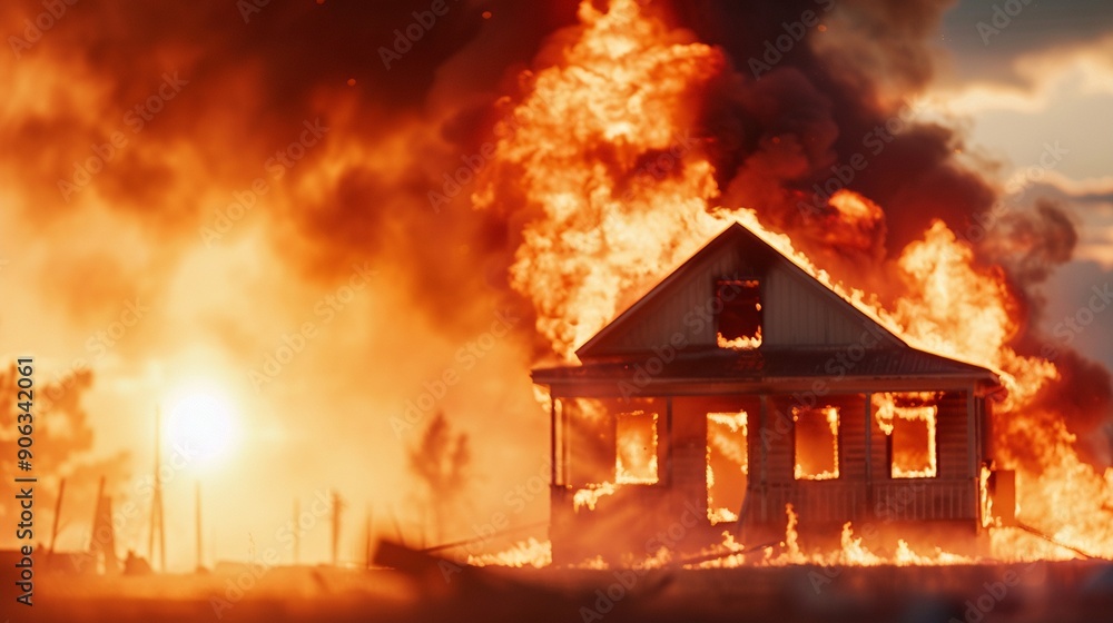Dramatic flames at a crisis site, intense fire and wreckage ...