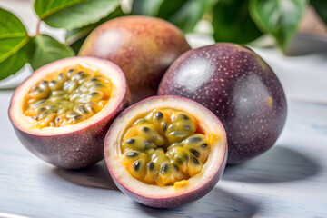 Ripe passion fruit with leaves on a light wood table.