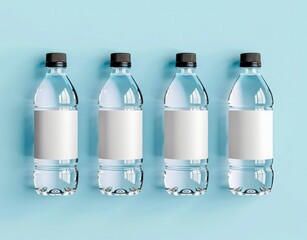 Four clear plastic water bottles with black caps and blank white labels are arranged in a row on a light blue background