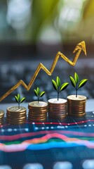 Canvas Print - Golden Arrow Ascending Above Stacks of Coins with Growing Plants