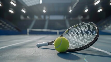 Close-up of tennis ball and racket on a clay court with net in the background, capturing the moment before a serve during a competitive tennis match in outdoor sports arena, ideal for sports and fitne