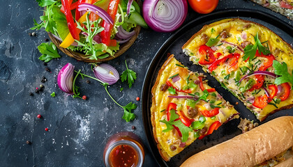 Wall Mural - Breakfast. Omelette with sausage, sweet peppers and sandwich with marinated red onions. Frittata - italian omelet