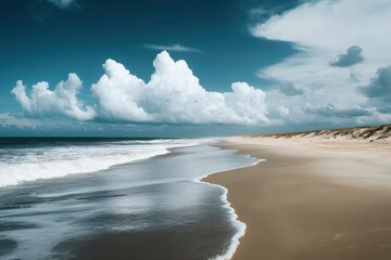 Poster - Beach Shoreline with White Clouds and Blue Sky