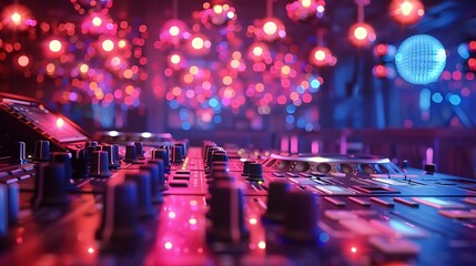 Poster - Empty DJ mixing panel at funky club spotlights and disco ball at the bar used for dancing and clubbing Dance floor at discotheque with audio equipment station used for partying nightli : Generative AI