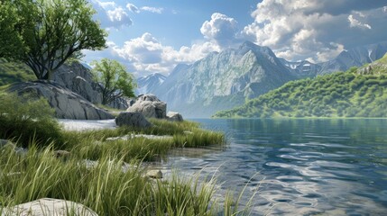 Wall Mural - Tranquil Mountain Lake with Lush Greenery and Boulders