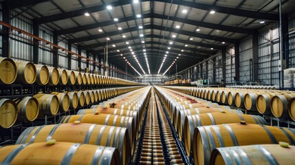 wine distribution warehouse with aging barrels and bottling line