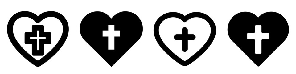 Wall Mural - heart icons set. black silhouette of heart containing a white christian cross, symbolizing the chris