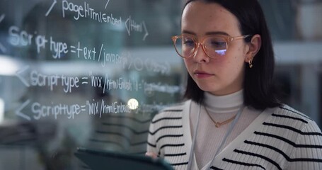 Leinwandbilder - Tablet, woman and coding for solution in office with equation on glass, programming languages and data information. Programmer, digital and software development, safety research and server update