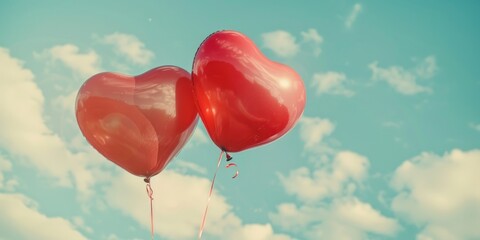Wall Mural - Red heart shaped balloons in sky