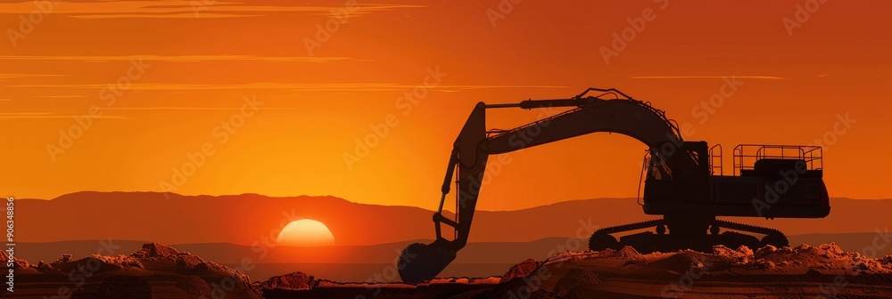 Excavator digging trench at sunset Backhoe working on earthwork for ...
