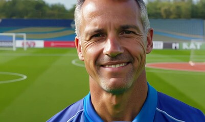 Sticker - Portrait of a smiling senior man standing in front of a soccer field