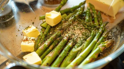 Asparagus with butter and spices in a bowl ready for the oven