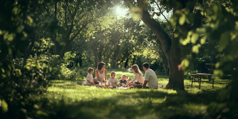 happy family enjoying a picnic in a lush, green park with children playing and parents relaxing