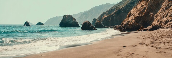 Poster - Rocky Outcroppings and Sandy Beach with Gentle Waves