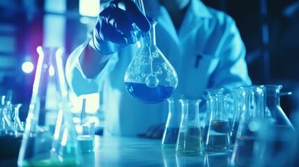 Poster - Scientist in laboratory analyzing blue substance in beaker, conducting medical research for pharmaceutical discovery and biotechnology development in healthcare, science and chemistry concept


